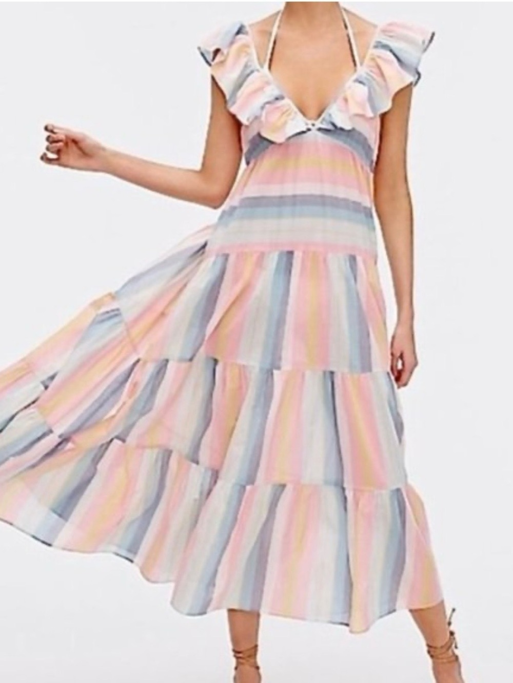 J. Crew Pastel Stripe Ruffle-Halter Maxi Dress